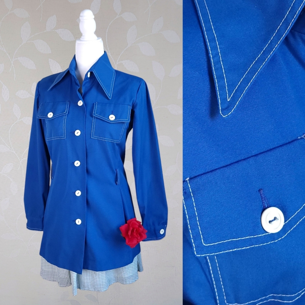 Vintage 70s Koret Tailored Jacket Retro Twee Dagger Collar Blue Contrast Stitch